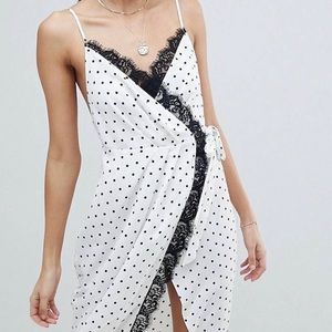 ASOS White Black Polka Dot Dress Wrap Dress Lace Detail Women’s Size 16